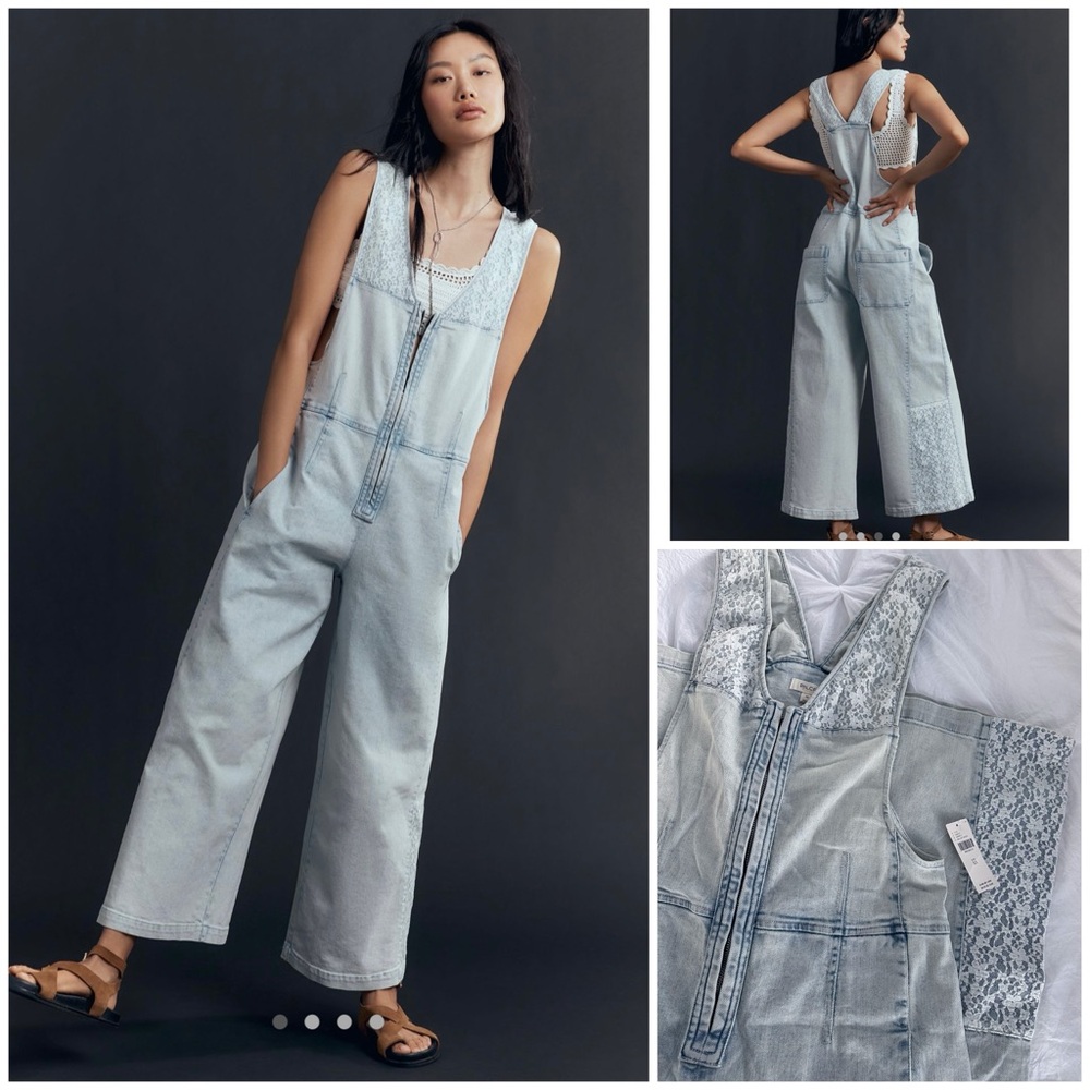 NWT! Anthropologie Pilcro Front Zip Wide Leg Jumpsuit. Lace/Denim